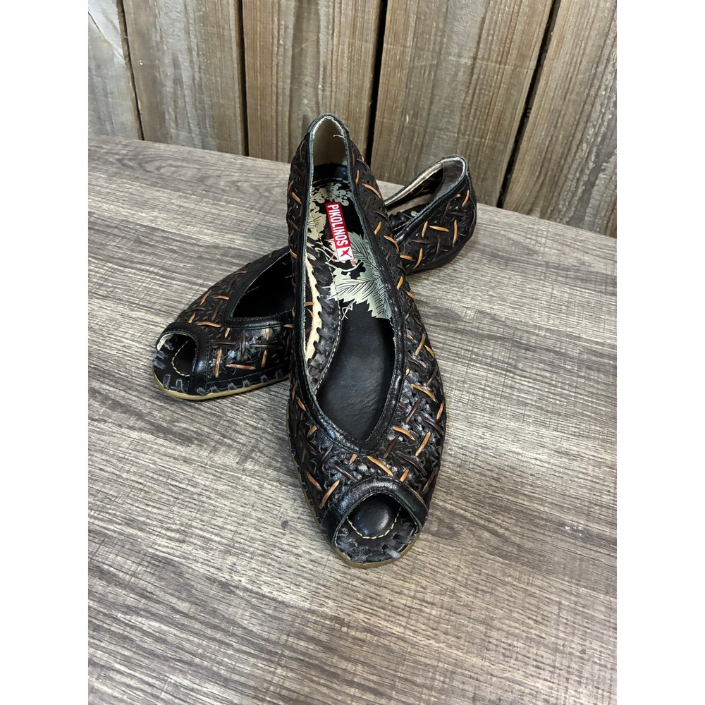 Pikolinos Womens Black Leather Woven Peep Toe Flats Low Wedge‎ Shoes Size 37